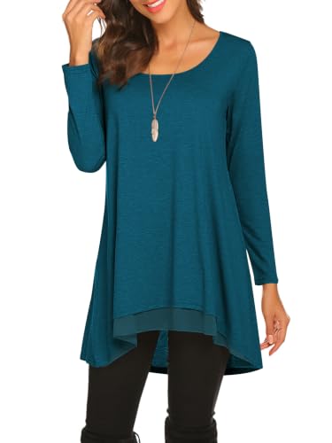 Poetsky Women's Long Sleeve Tunic Tops Layered Chiffon Hem Blouses Shirts - color: A-teal, size: Medium