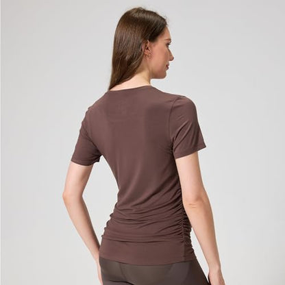 netdraw Buttery Soft Bamboo Viscose Maternity T Shirt, Pregnancy Short Sleeve Side Ruched Casual Tops - color: Cocoa, size: X-Large