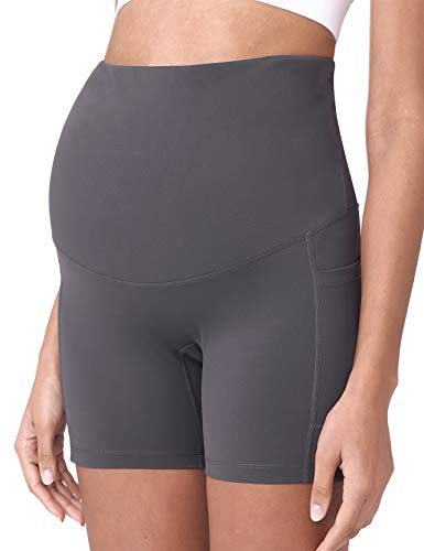 POSHDIVAH Maternity Biker Shorts Over the Belly with Pockets 5"/8" - color: Grey, size: Medium