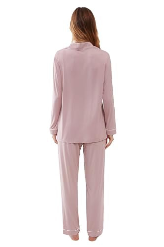 Joyaria Women's Cooling Bamboo Viscose Pajama Set Long Sleeve Button Front - color: Blushing Pink, size: X-Large