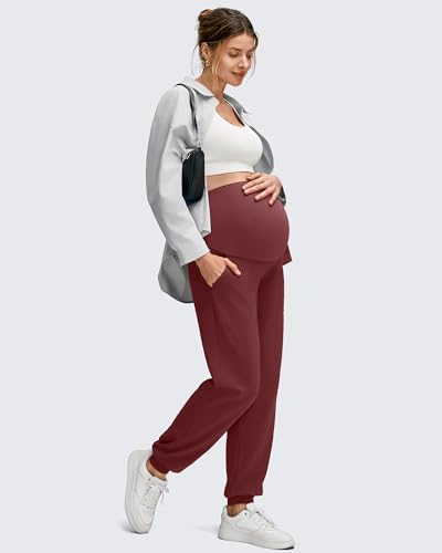 G4Free EverGoing Maternity Pants Over The Belly Pregnancy Joggers Workout - color: Wine, size: Medium