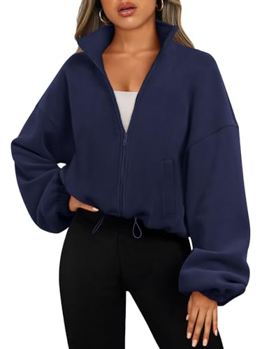 AUTOMET Womens Fleece Jackets Zip Up Oversized Cropped Sweatshirts - color: Navy, size: Medium