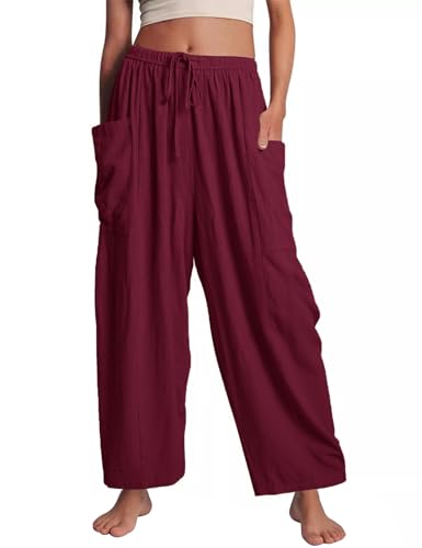 Flygo Women's Flowy Drawstring Wide Leg Pants with Side Pockets - color: Burgundy, size: X-Large
