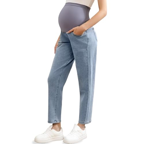 Women's Maternity Jeans Over Belly, Comfy Stretch Boyfriend Jeans, Loose Pregnancy Pants with Pockets - size: XX-Large