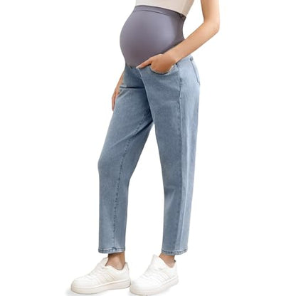 Women's Maternity Jeans Over Belly, Comfy Stretch Boyfriend Jeans, Loose Pregnancy Pants with Pockets - size: XX-Large