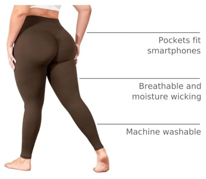 L-5XL Plus Size Butt Lifting Yoga Pants for Women with Pockets 25" - color: Brown, size: 3X-Large Plus