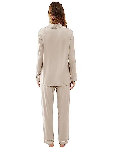 Cherrydew Women's Bamboo Viscose Cooling Long Sleeve Button Up Pajama Set - color: Cream, size: Large