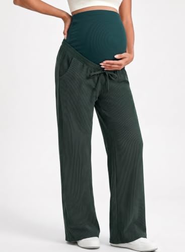 BLENCOT Maternity Pants Over Belly Wide Leg Pregnancy Casual Sweatpants - color: Blackish Green, size: Medium