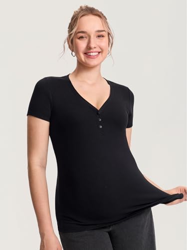 MOMANDA Cotton Ribbed Henley Maternity Tshirts - color: Black, size: X-Large