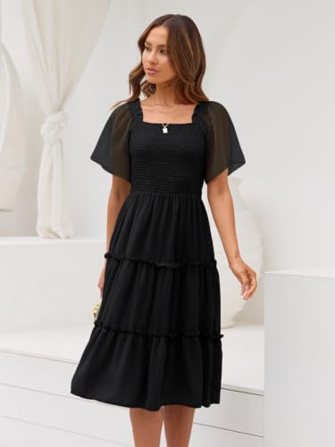 LILLUSORY Women Tiered Flutter Sleeve Square Neck Smocked Midi Dress - color: Black, size: Medium