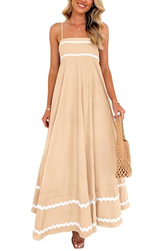 PRETTYGARDEN Women's Summer Spaghetti Strap Boho Maxi Dress - color: Beige, size: XX-Large