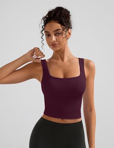 OLCHEE Womens 2 Pack Crop Tank Tops Square Neck Workout Top Padded - color: Plum + Light Pink, size: Large