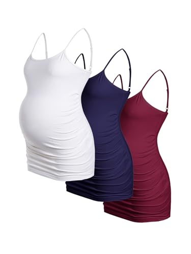 BEAUDRM Women's 3 Pack Maternity Tank Tops Casual Ruched Spaghetti Strap Pregnancy Cami Top Camisole - color: Blue Red White, size: X-Small