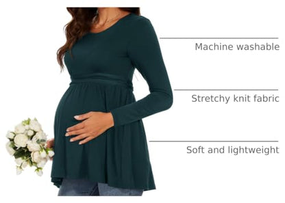Women's Maternity Tops Short & Long Sleeve Pleated Waist Shirts Pregnancy Clothes - color: Deep Green, size: Medium