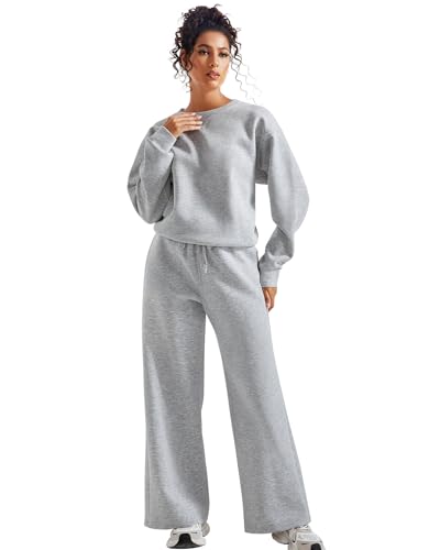 SUUKSESS Women 2 Piece Outfits Fall Oversized Sweatshirt Wide Leg Pants - color: Grey, size: Small
