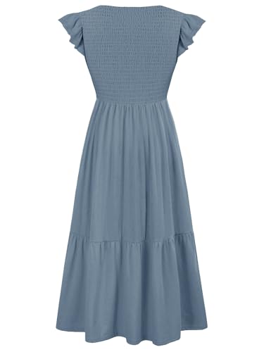 CzzzyL Women's Nursing Dress Flutter Sleeve Crew Neck Smocked Midi Pockets - color: Blue, size: Medium
