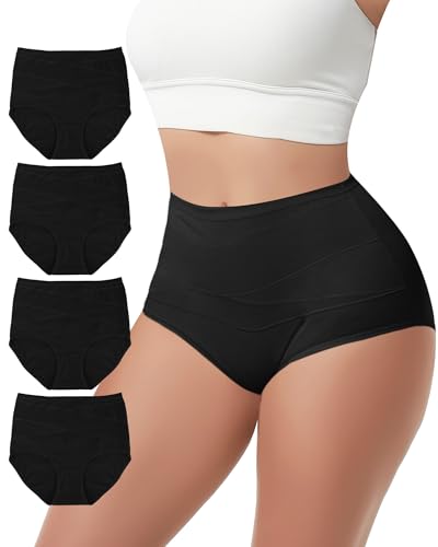 Women's Cotton Underwear High Waisted Ladies Panties Briefs 4Pack - color: Black, size: Medium