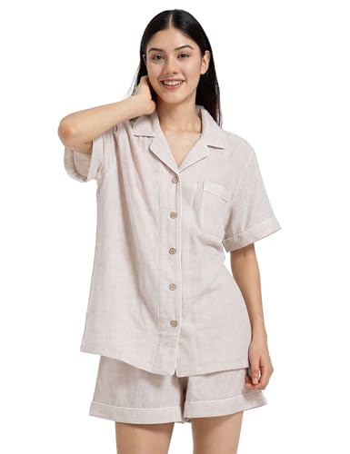 Womens Muslin Pajama Sets 100% Cotton Double Gauze Linen Like Short Pjs - color: Heathered Beige, size: X-Large