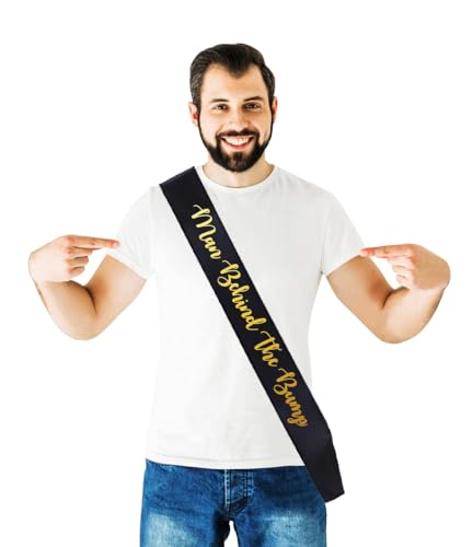 "Man Behind The Bump" Funny Baby Shower Sash for Daddy to Be, Baby Shower Party Decorations Gifts Supplies Dad to Be Baby Gender Reveal Ideas New Father Favors (Black and Gold) - color: Black and Gold