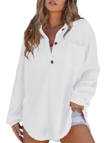 Astylish Women Waffle Knit Tops Henley Shirts - color: White, size: Medium