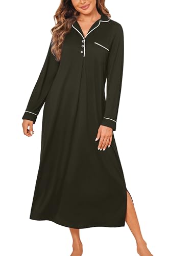 Ekouaer Long Sleeves Nightgowns for Women Button Down Night Gown - color: Black, size: Large