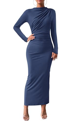 BTFBM Maxi Long Sleeve Dresses for Women Wedding Guest - color: Dark Grey Blue, size: Small
