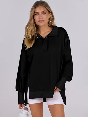 ANRABESS Sweatshirt for Women Oversized Casual Fall Henley Pullover Top - color: Black, size: Medium