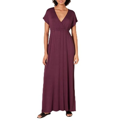 Amazon Essentials Women's V Neck Short Sleeve Empire Waist Maxi Dress (Available in Plus Size) - color: Burgundy, size: X-Small