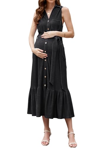 OUGES Womens 2025 Spring Maternity Dress Polo V Neck Sleeveless Ruffle Button Pregnancy Casual Work Dress with Pockets - color: Black, size: XX-Large