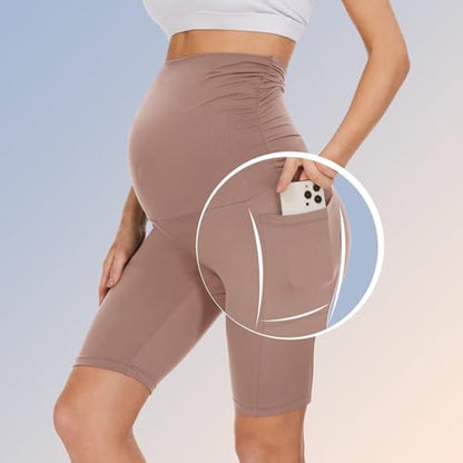 Happy.angel 2 Pack Maternity Shorts Over Belly, Black High Waisted 8" Pregnancy Workout Biker with Pockets,Wheat/Rosy Brown,Small