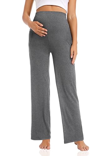 Foucome Women's Maternity Pants Wide Leg Pregnancy Work Pants - color: 2 Pack Black+melange Grey, size: Large