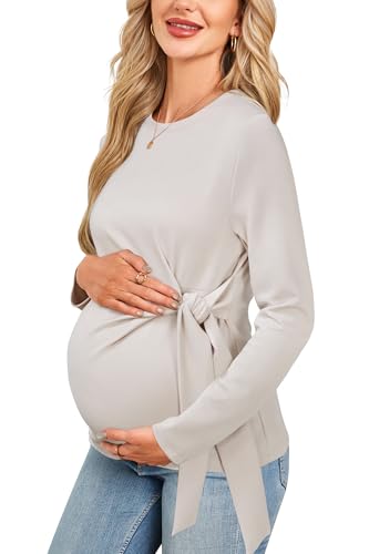 OUGES Women's Bow Tie Waist Maternity Shirts Long Sleeve Pregnancy Tops Crew Neck Fall Winter Elegant Business Blouse - color: Oat Grey, size: Large