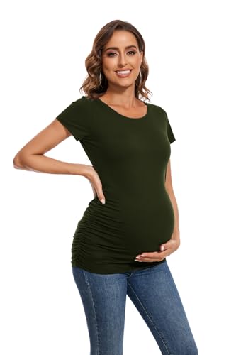 Smallshow Women's 4 Pack Maternity Shirts Short Sleeve Pregnancy Tops Clothes - color: Army Green-black-deep Green-deep Grey(4 Pack), size: Large