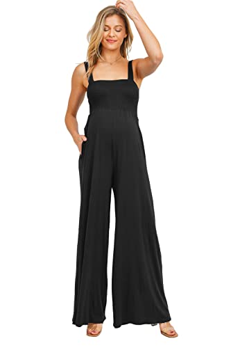 Women's Maternity Sleeveless Jumpsuit Romper with Smocked neck and pockets - color: Black, size: Medium