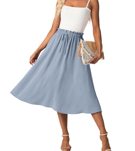 FREEOAK High Waist Skirts for Women Below Knee Casual Flowy Summer Midi Skirts Palazzo A-Line Long Skirt with Pockets - color: A - Haze Blue, size: Small