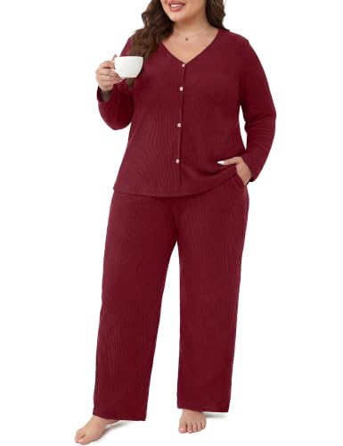 Plus Size Pajama Set for Women Long Sleeve Loose Fit Loungewear - color: Wine Red, size: 5X-Large Plus