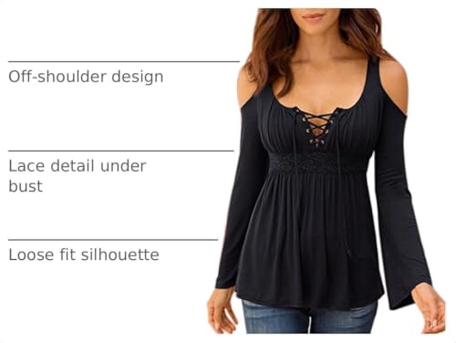 Women's Cold Shoulder Lace Up Casual Tunic Solid Blouse Tops - color: Black, size: Large