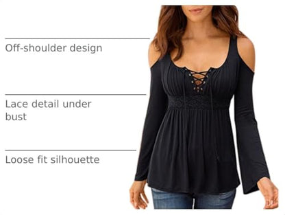 Women's Cold Shoulder Lace Up Casual Tunic Solid Blouse Tops - color: Black, size: Large