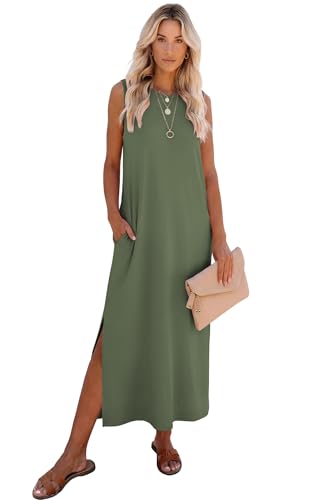 RUMIA Womens Summer Dresses Sleeveless Long Dress with Pockets - color: Army, size: Medium