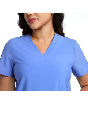COZYFIT Maternity Scrub Top, V-Neck Pregnancy Shirt with 2 Pockets - color: Ceil Blue, size: Large