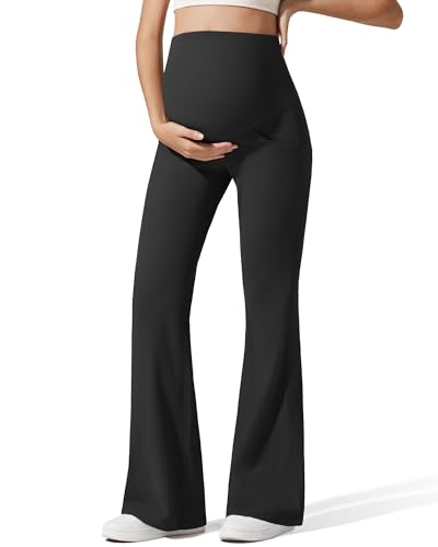 G4Free Ribbed Maternity Pants Yoga Flare Pregnancy Leggings Casual - color: Black, size: Medium