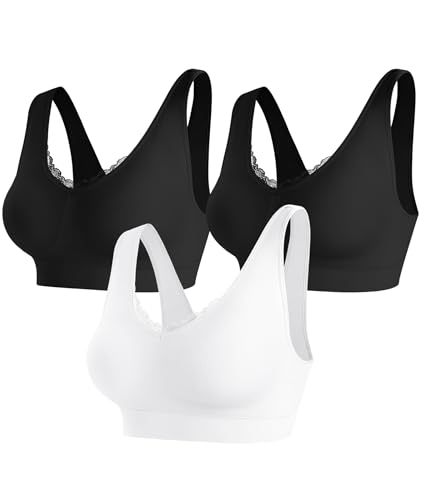 Bras for Women No Underwire Lace V-Neck Wireless Bra Wireless Sleep Bras - color: Black+black+white, size: XX-Large
