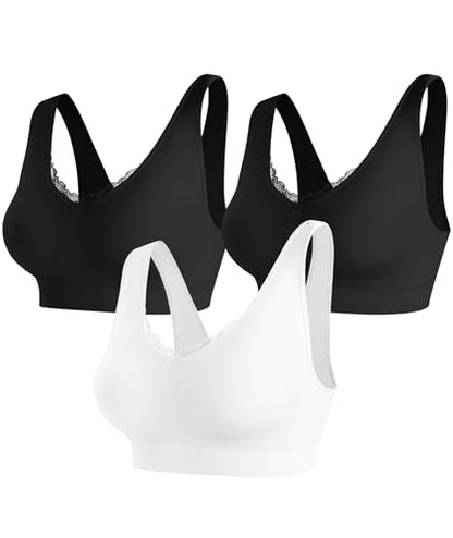 Bras for Women No Underwire Lace V-Neck Wireless Bra Wireless Sleep Bras - color: Black+black+white, size: Small