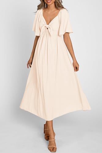 PRETTYGARDEN Women's Summer Bow Tie V Neck Midi Dresses - color: Beige, size: XX-Large