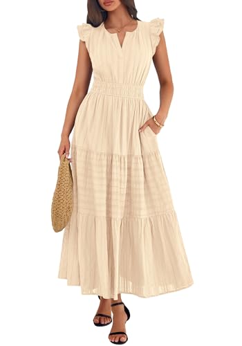 BTFBM Womens Summer Casual Ruffle Sleeve Maxi Dress - color: Apricot, size: Medium