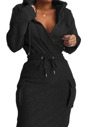 BIRW Hoodie Dress for Women 2027 Slim Casual Long Sleeve High Waist Drawstring Pullover Bodycon Sweatshirt Dresses - color: Solid Black, size: Large