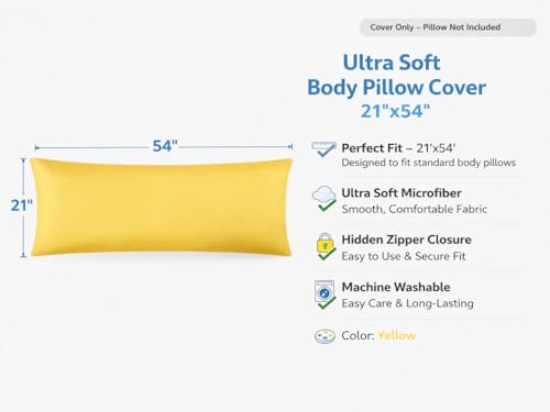 EVOLIVE Body Pillow Cover 21"x54", Microfiber, Hidden Zipper (Yellow) - color: Yellow