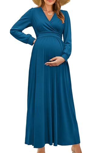 OUGES Women's Wrap Pregnancy Maxi V Neck Fall Baby Shower Maternity Dress - color: Blue, size: Small