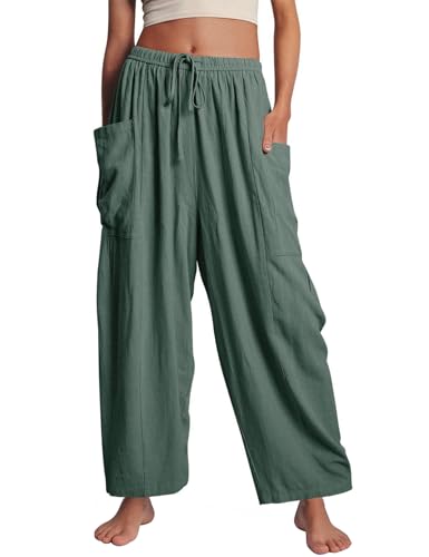 Flygo Women's Flowy Drawstring Wide Leg Pants with Side Pockets - color: Green, size: Medium
