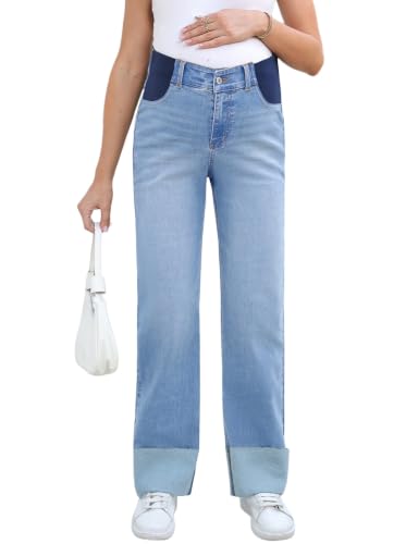 BLENCOT Maternity Jeans for Women Stretchy Summer Cuffed Wide Leg Baggy Denim Pants with Pockets - color: Myosotis Blue, size: Medium